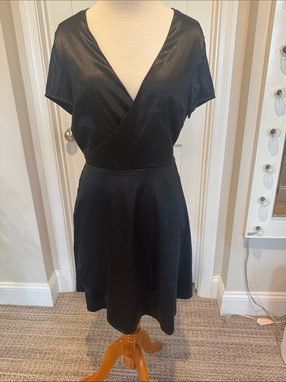 NWT- Tiger Mist Black Faux-Wrap Satin Mini Dress